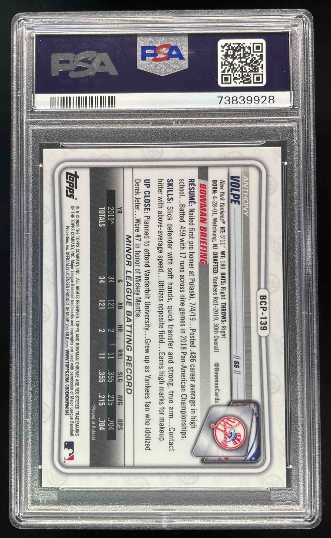 2020 Bowman Sapphire Chrome #BCP-139 Anthony Volpe PSA 9 2020 Bowman Sapphire Chrome #BCP-139 Anthony Volpe PSA 9