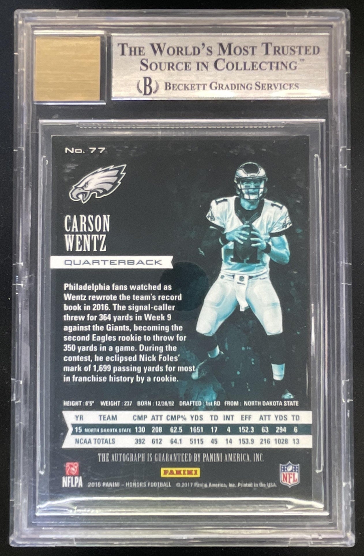 2016 Panini Honors #77 Carson Wentz Autograph RC Auto /99 BGS 9