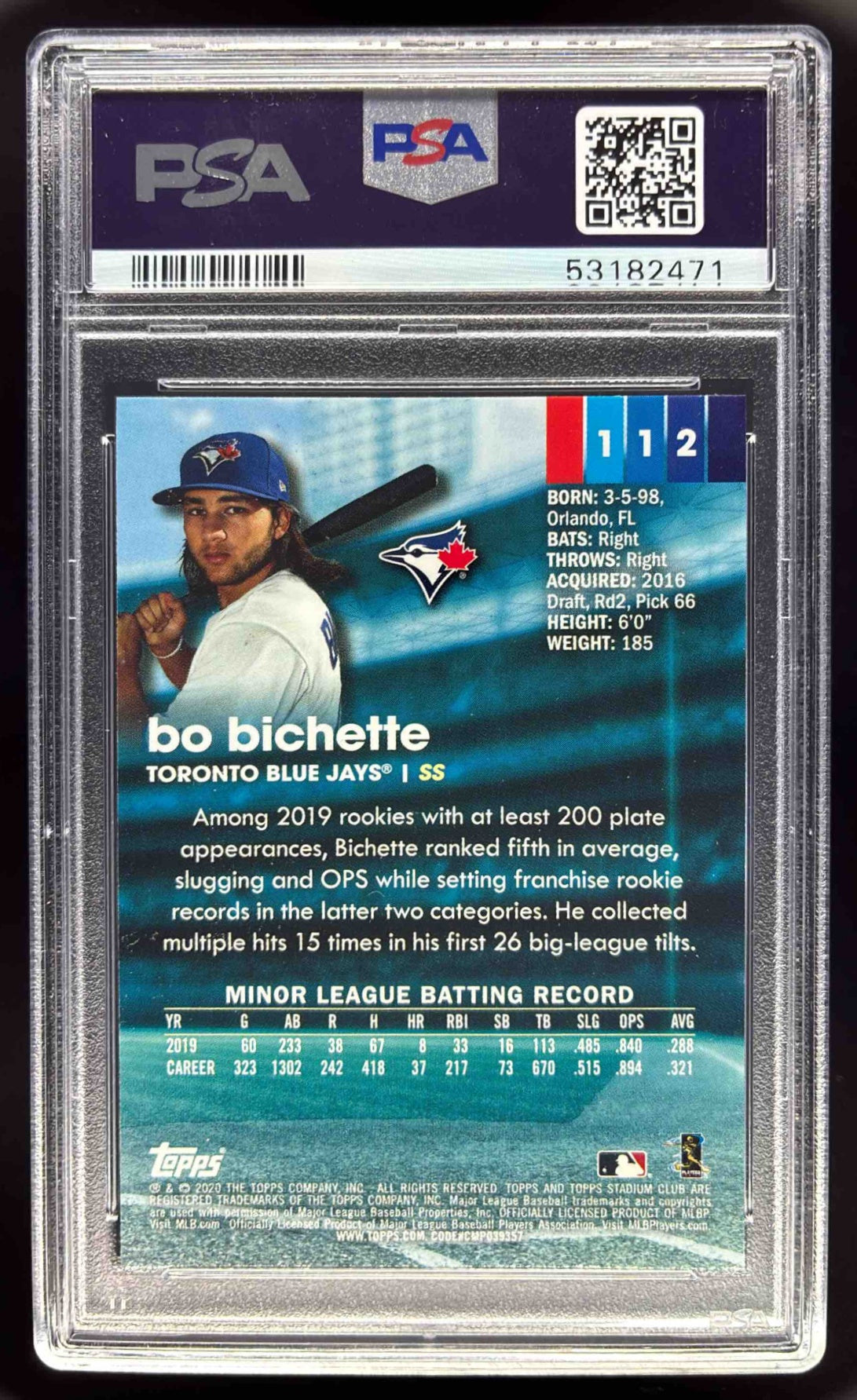 2020 Topps Stadium Club #112 Bo Bichette RC PSA 10 – Burbank