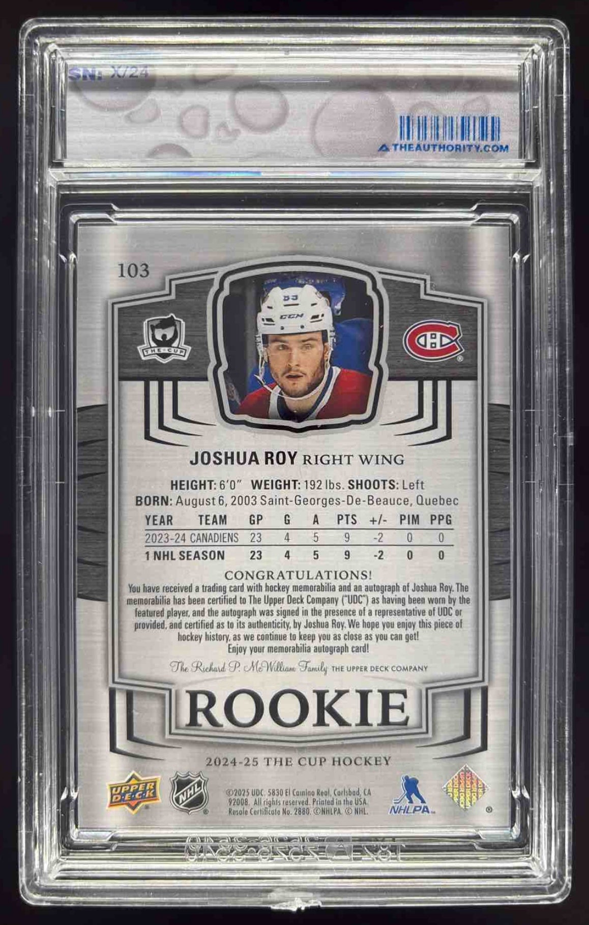 2024-25 The Cup Gold Foil #103 Joshua Roy Rookie Patch Auto