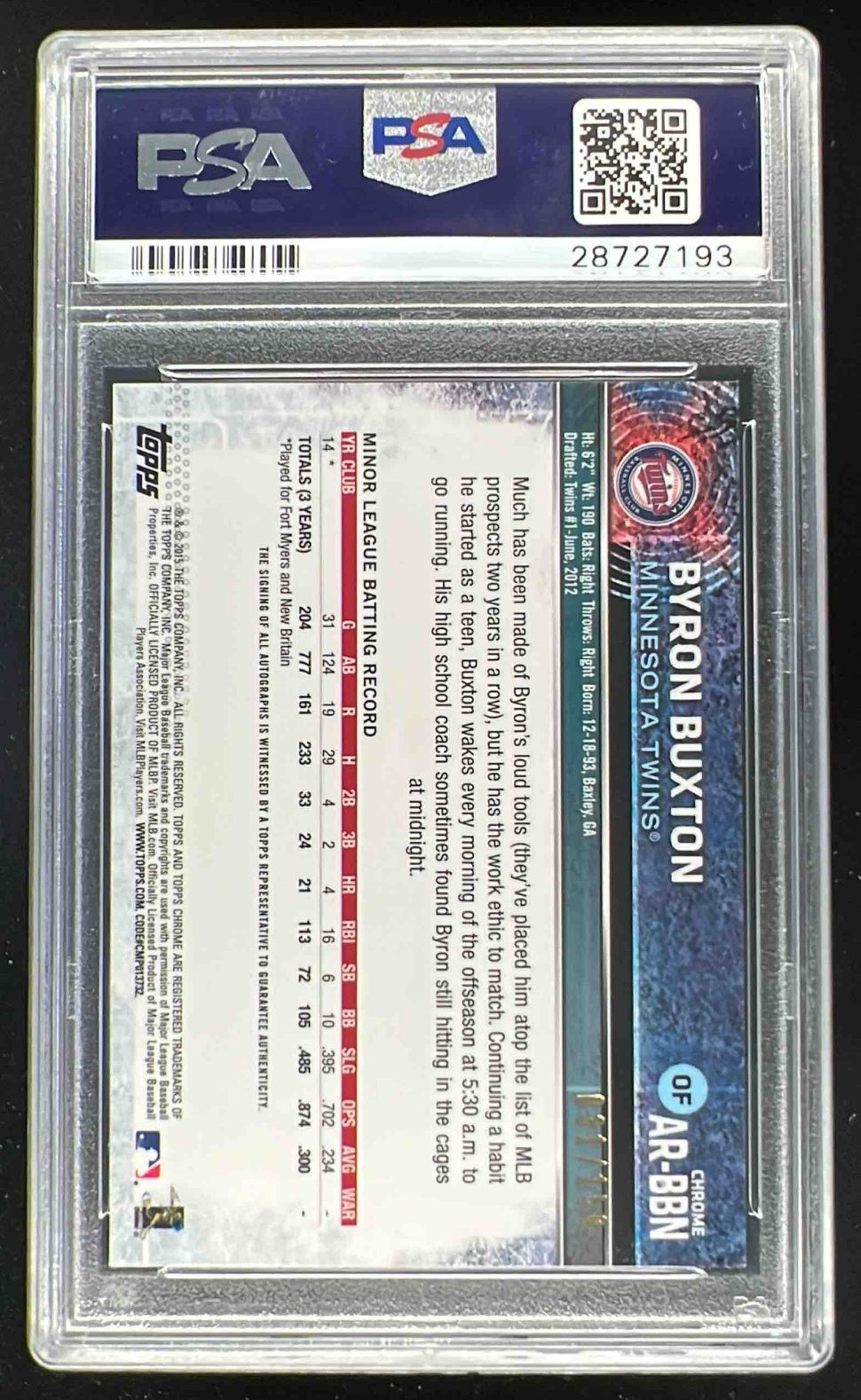 2015 Topps Chrome Rookie Autograph Blue Byron Buxton RC Auto /150