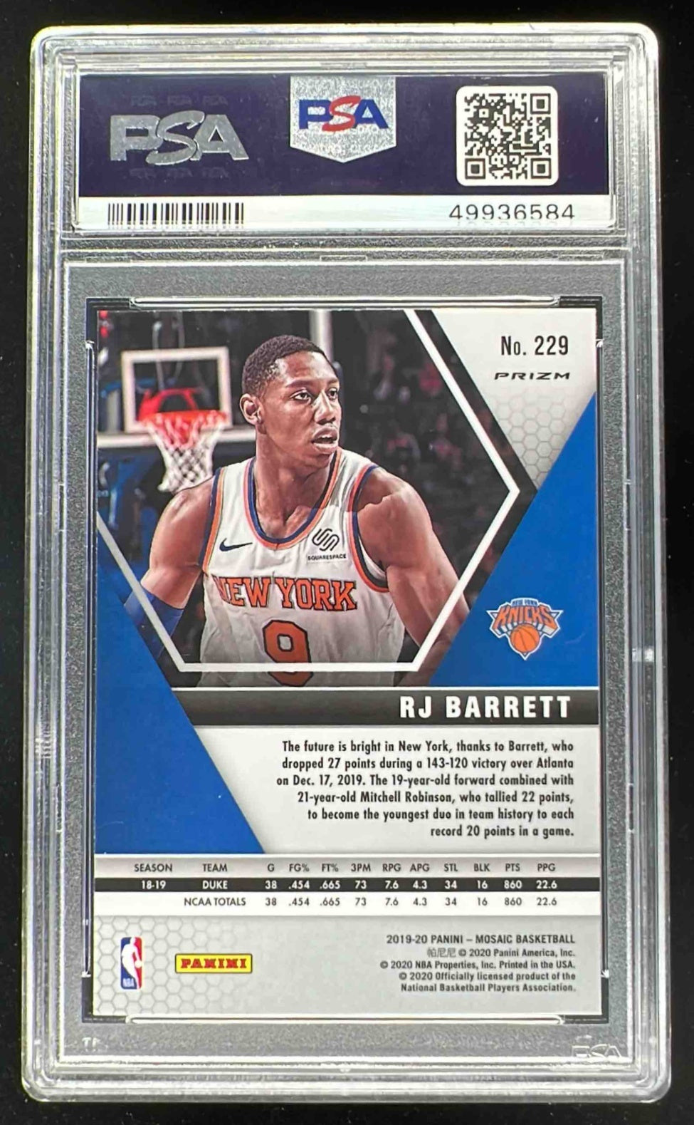 2019-20 Panini Mosaic Silver #229 RJ Barrett RC PSA 10 – Burbank Cards