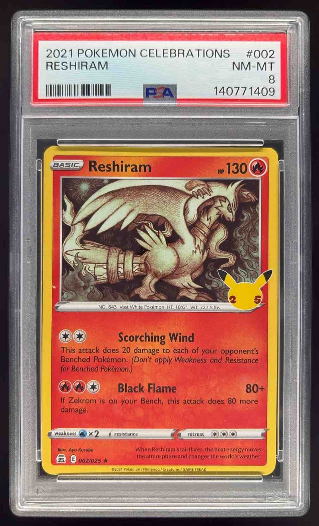 2021 Pokemon Sword &amp; Shield Celebrations #002/025 Reshiram PSA 8