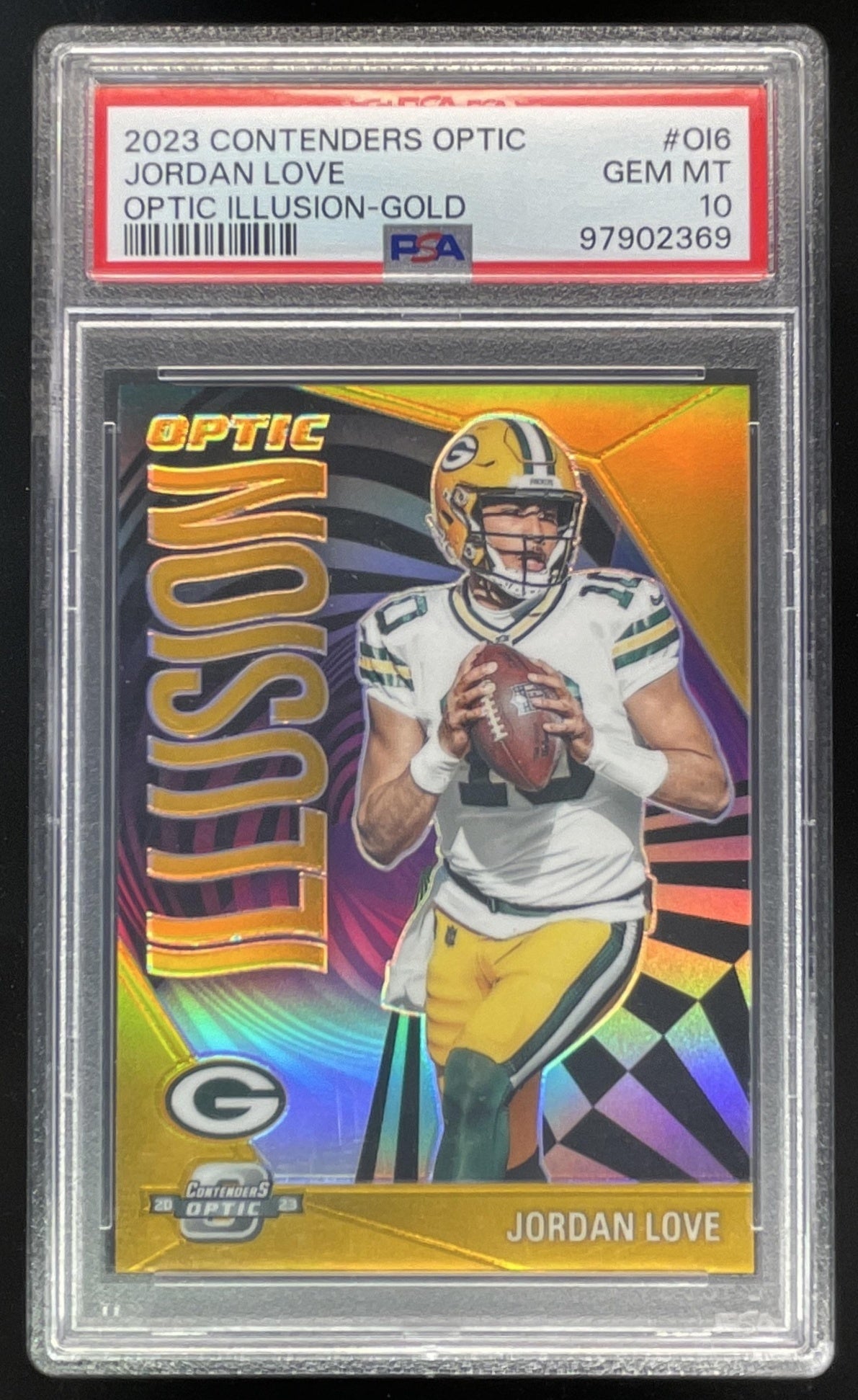 2023 Panini Contenders Optic Illusion Gold #OI-6 Jordan Love /10