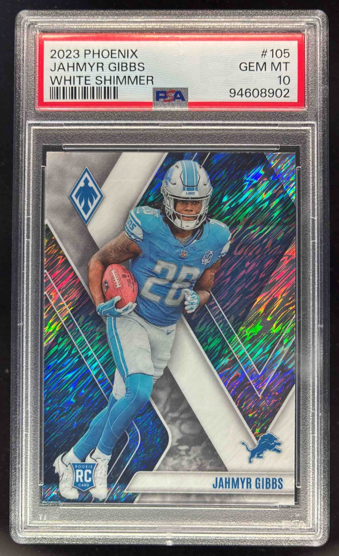 2023 Panini Phoenix White Shimmer #105 Jahmyr Gibbs RC PSA 10