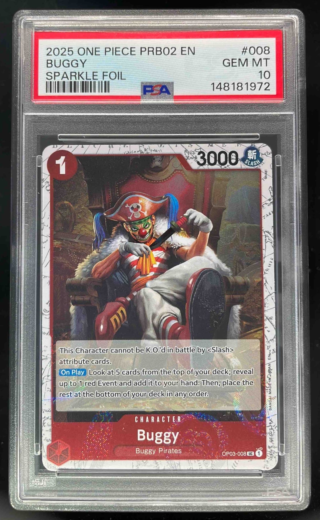 2025 One Piece PRB02 EN #008 Buggy Sparkle Foil PSA 10 – Burbank Cards