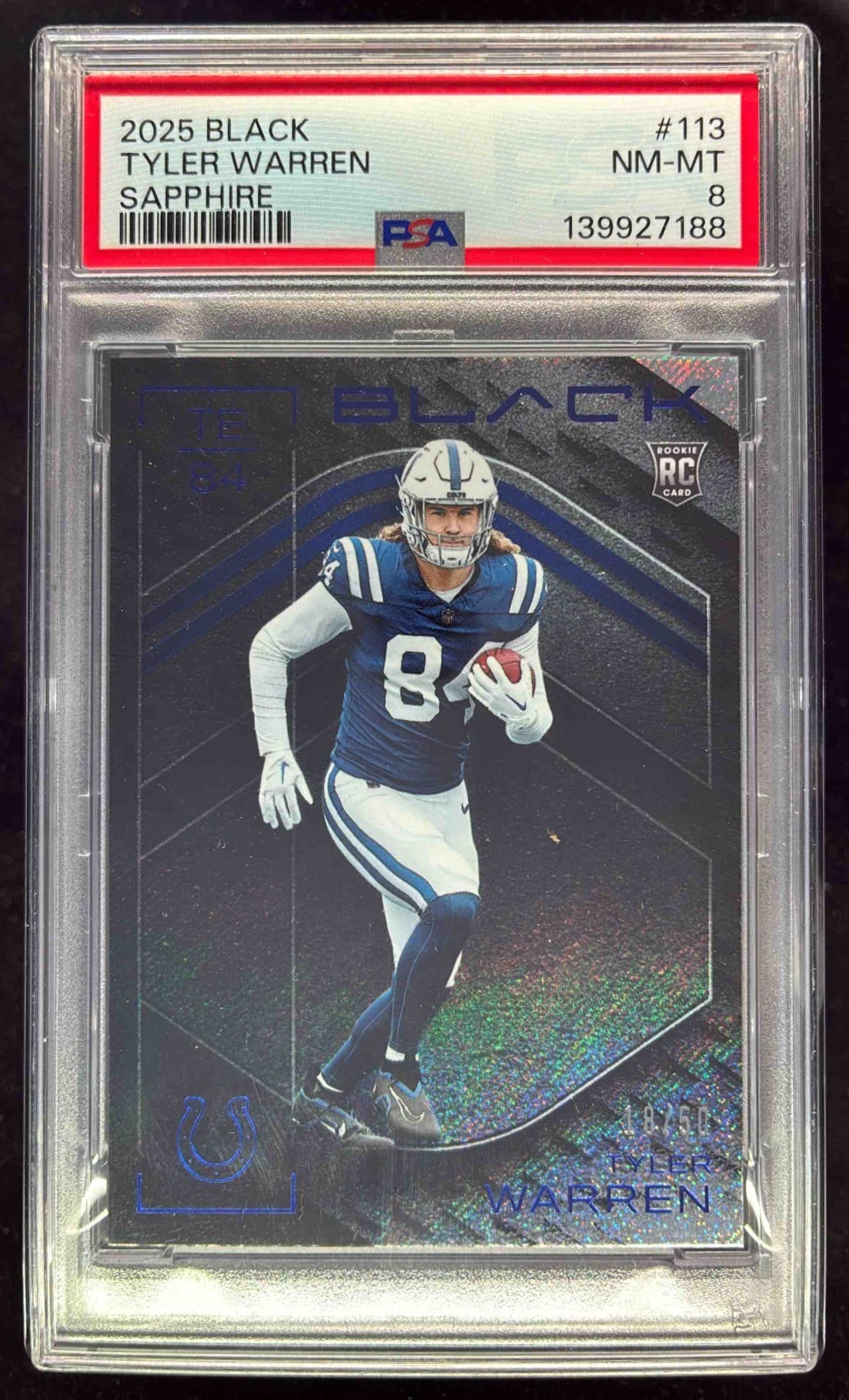 2025 Panini Black Rookies Sapphire #113 Tyler Warren RC /50 PSA 8