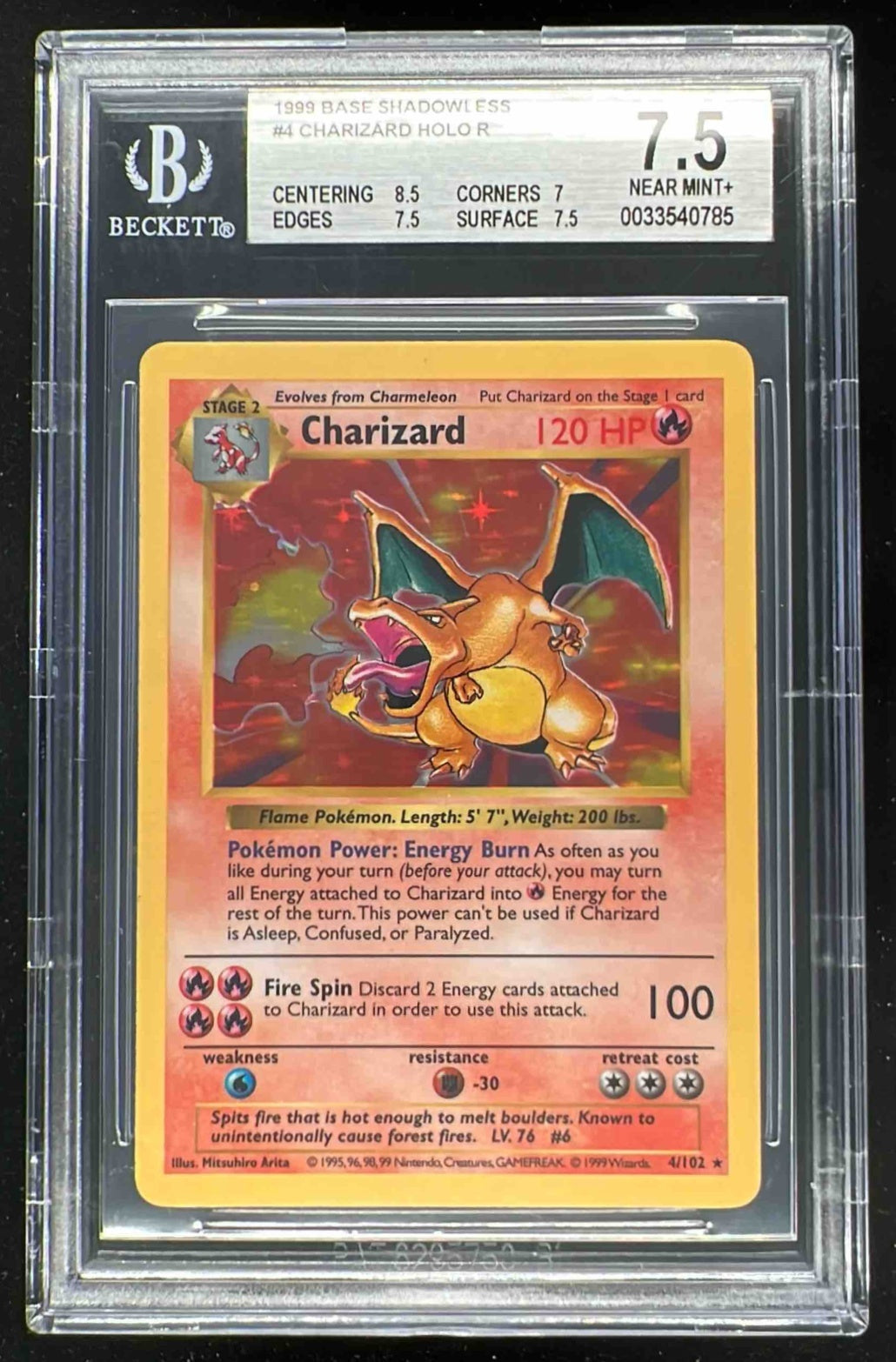 1999 Pokemon Set Shadowless #4/102 Charizard Holo BGS 7.5