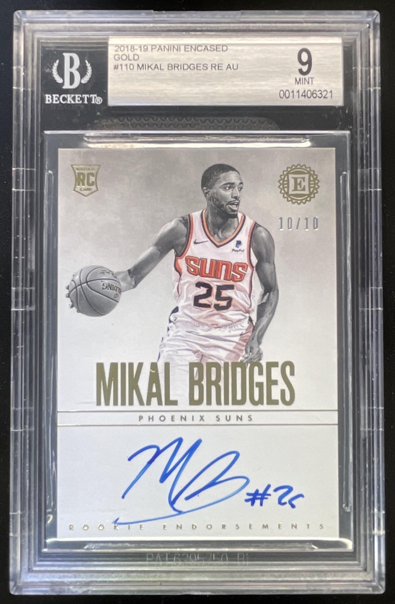 2018-19 Panini Encased Gold #110 Mikal Bridges RC Auto /10 BGS 9