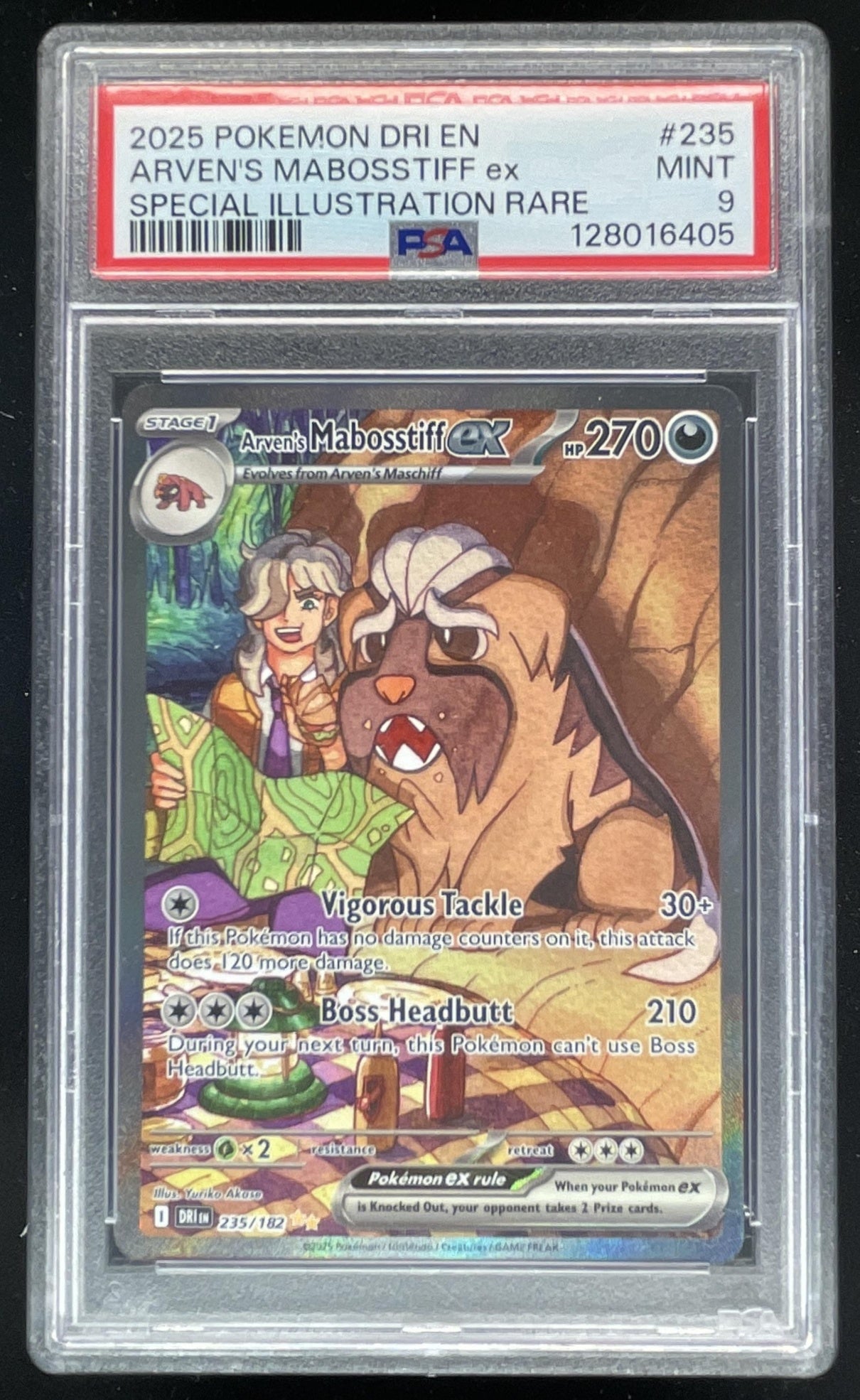 2025 Pokemon Destined Rivals #235/182 Arven's Mabosstiff ex PSA 9