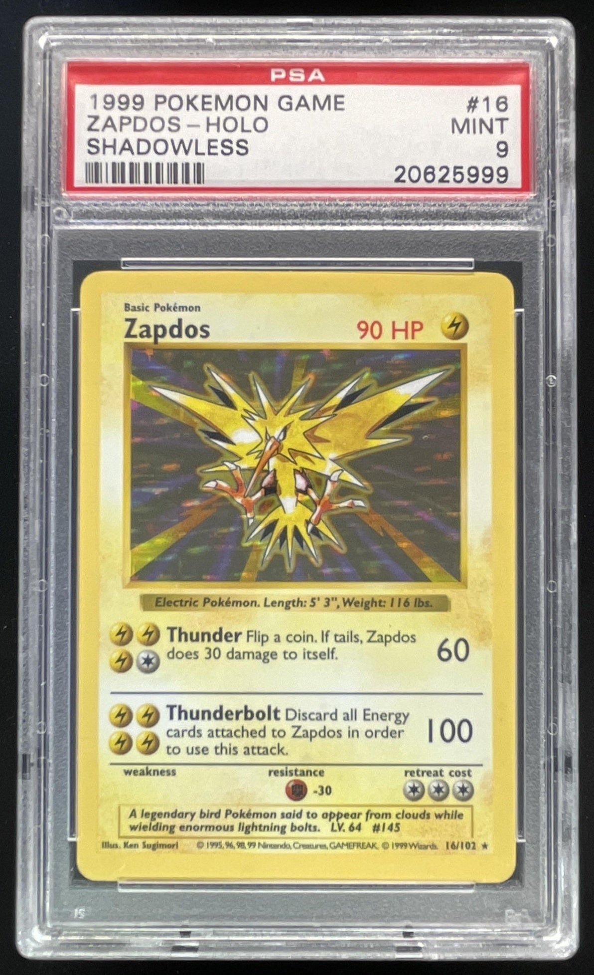 1999 Pokemon Shadowless Set #16/102 Zapdos Holo PSA 9 – Burbank Cards