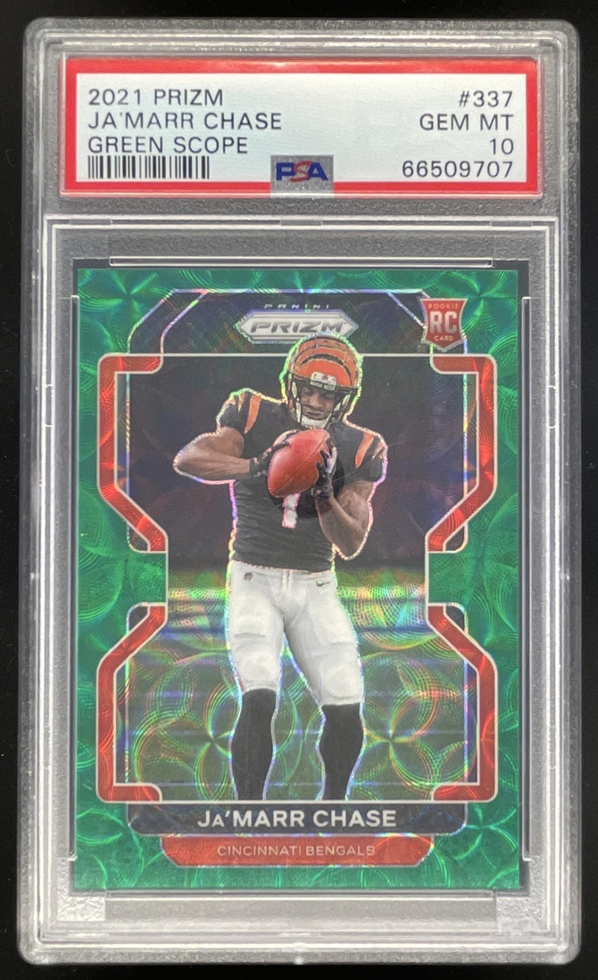 2021 Panini Prizm Green Scope #337 Ja'Marr Chase RC /75 PSA 10