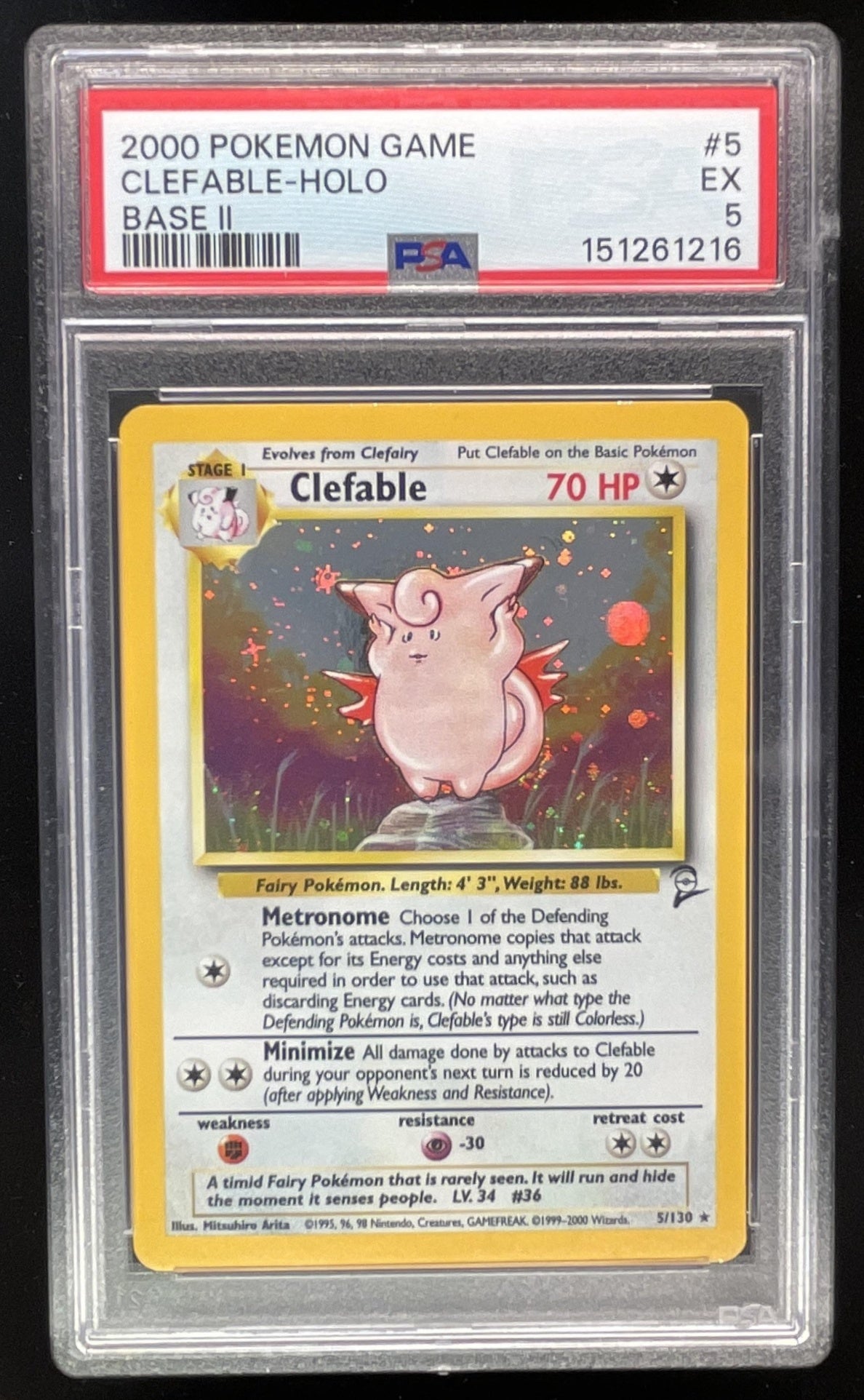 clefable holographic pokemon card 2000 Pokemon Set 2 #5/130 Clefable Holo PSA 5 – Burbank Cards