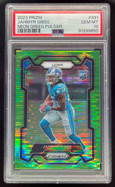 バージル　ポストカード 2023 Panini Prizm Neon Green Pulsar Prizm #331 Jahmyr Gibbs RC PSA