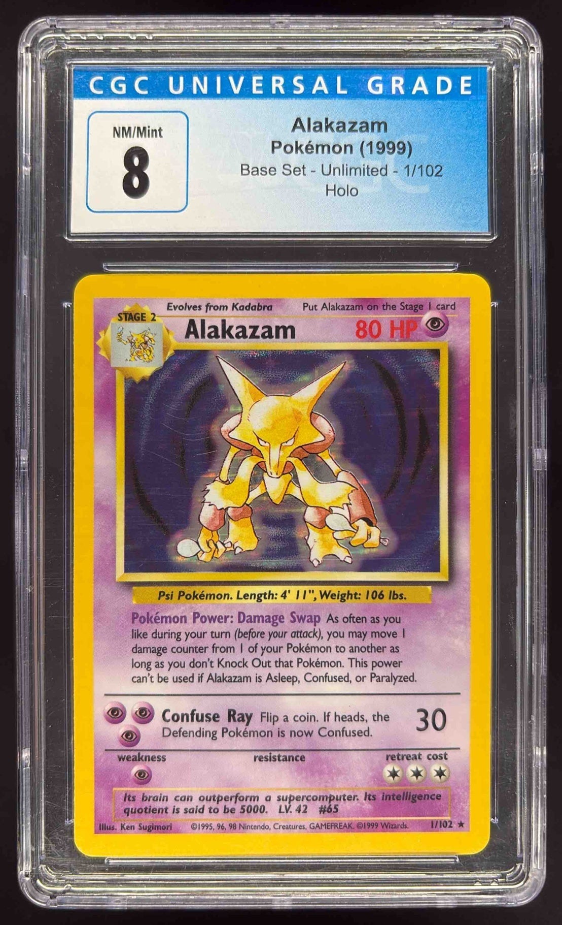 1999 Pokemon Unlimited #1/102 Alakazam Rare Holo CGC 8