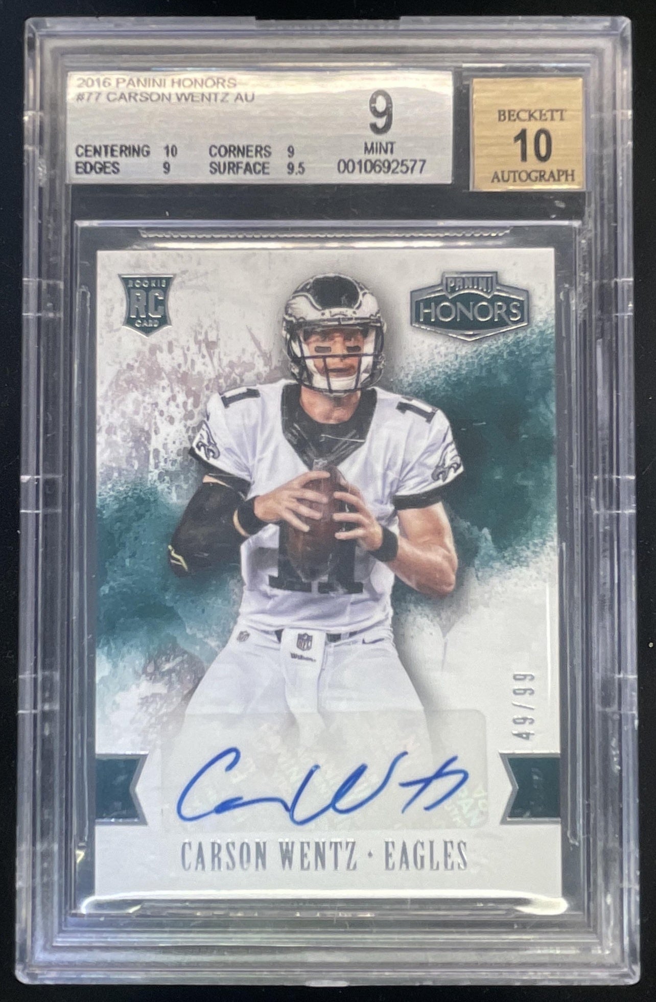 2016 Panini Honors #77 Carson Wentz Autograph RC Auto /99 BGS 9