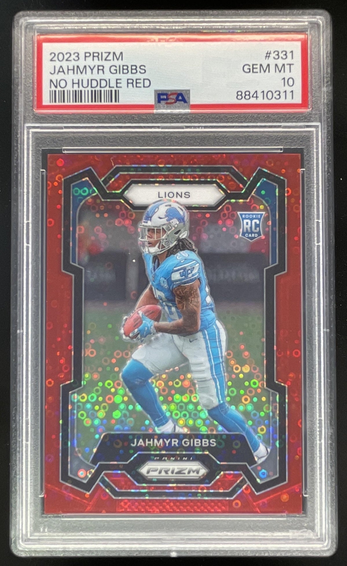 2023 Panini Prizm No Huddle Red Prizm #331 Jahmyr Gibbs RC /70 PSA