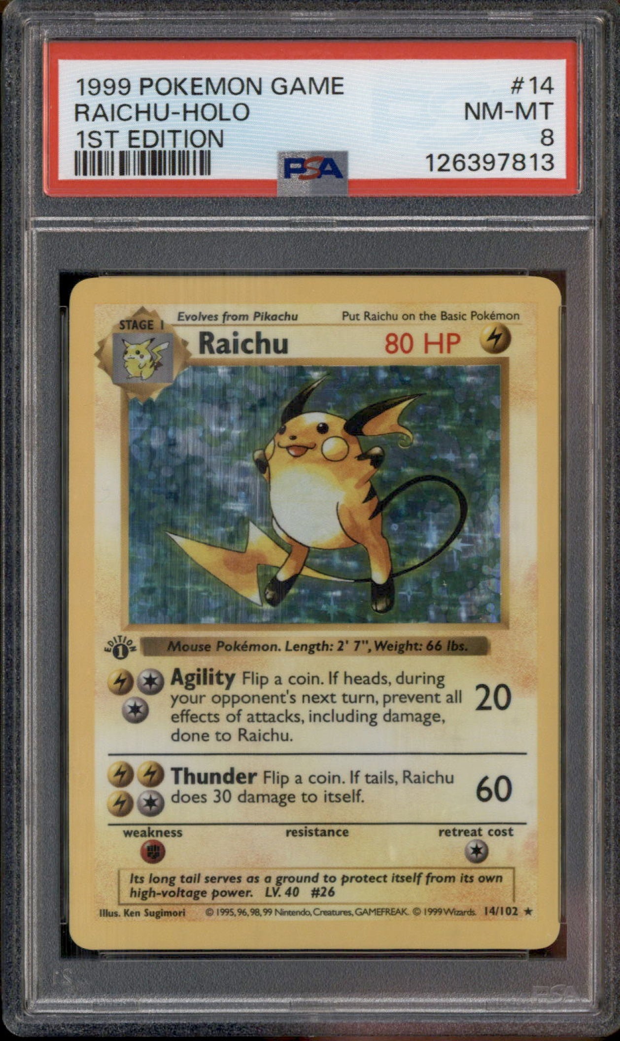 1999 Pokemon Set 1st Edition #14/102 Raichu Holo PSA 8